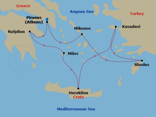 7 Night - Athens to Athens - Silver Nova - Starting in Athens (Piraeus), Nafplion, Milos, Heraklion, Kusadasi, Rhodes, Mykonos, Athens (Piraeus) itinerary map