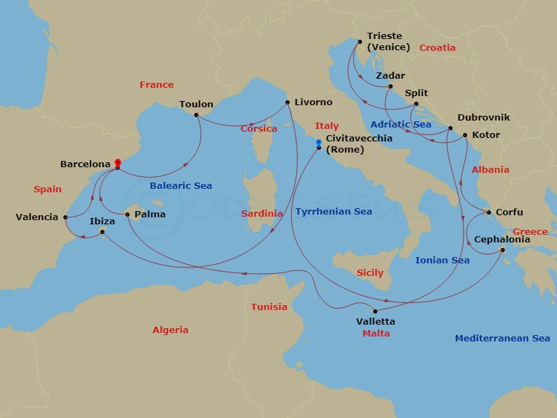21 Night - Italy, Spain and Adriatic - Queen Victoria - Starting in Civitavecchia (tours to Rome), Italy, Messina Strait, Italy (Transit), Cephalonia, Greece, Corfu, Greece, Kotor, Montenegro, Split, Croatia, Trieste, Italy, Zadar, Croatia, Dubrovnik, Croatia, Valletta, Malta, Palma De Mallorca, Spain, Barcelona, Spain, La Seyne-sur-Mer (for Toulon), France, Livorno (tours to Florence or Pisa), Italy, Ibiza, Spain, Valencia, Spain, Barcelona, Spain itinerary map