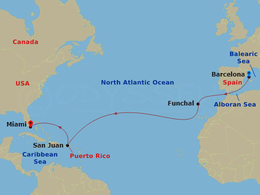 13 Night - Msc Grand Voyages - MSC Grandiosa - Starting in Barcelona, Spain, Funchal (Madeira Islands), Portugal, San Juan, Puerto Rico, Miami, Florida itinerary map