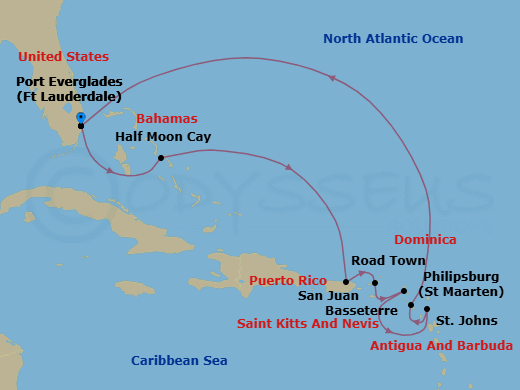 10 Night - Eastern Caribbean : St. Maarten, Antigua & Bahamas - Eurodam - Starting in Fort Lauderdale, Florida, RelaxAway, Half Moon Cay, Bahamas, San Juan, Puerto Rico, Road Town (Tortola), British Virgin Islands, Philipsburg, Sint Maarten, St Johns AG, Antigua, Basseterre, St Kitts and Nevis, Fort Lauderdale, Florida itinerary map
