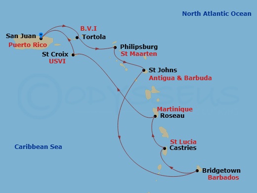 10 Night - Southern Caribbean Cruise - Rhapsody of the Seas - Starting in San Juan, Puerto Rico, Tortola, Philipsburg, St Maarten, St Johns AG, Antigua, Bridgetown, Barbados, Castries, St Lucia, Roseau, Dominica, St Croix, US Virgin Islands, Miami, Florida itinerary map