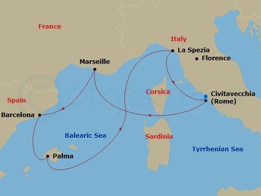 7 Night - Western Mediterranean Cruise - Legend of the Seas - Starting in Rome (Civitavecchia), Italy, Provence (Marseille), France, Barcelona, Spain, Palma De Mallorca, Spain, Florence / Pisa (La Spezia), Italy, Rome (Civitavecchia), Italy itinerary map