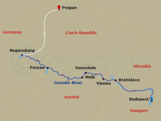 10 Night - Danube Christmas Markets with Prague - Scenic Pearl - Starting in Budapest, Bratislava, Vienna, Durnstein / Melk, Brandstatt / Passau, Regensburg, Regensburg / Prague, Prague itinerary map
