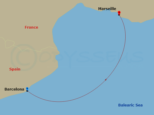 1 Night - Europe from Barcelona to Marseille - Costa Fascinosa - Starting in Barcelona, Spain, Marseilles, France itinerary map