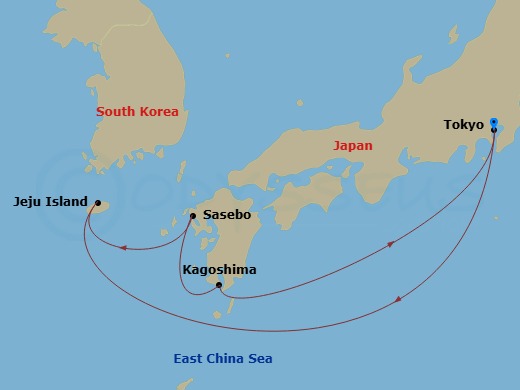 6 Night - Far East - MSC Bellissima - Starting in Tokyo, Japan, Gangjeong / Jeju Island, South Korea, Sasebo, Japan, Kagoshima, Japan, Tokyo, Japan itinerary map