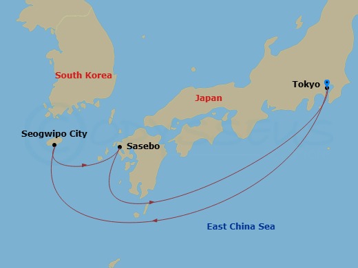 5 Night - Far East - MSC Bellissima - Starting in Tokyo, Japan, Gangjeong / Jeju Island, South Korea, Sasebo, Japan, Tokyo, Japan itinerary map
