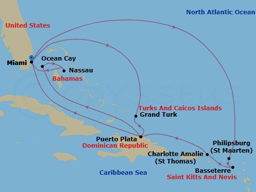 15 Night - Caribbean and Antilles - MSC Seashore - Starting in Miami, Florida, Philipsburg, St Maarten, Basseterre, St Kitts and Nevis, Charlotte Amalie (St Thomas) Virgin Islands, Puerto Plata, Dominican Republic, Miami, Florida, Grand Turk Island, Turks and Caicos, Puerto Plata, Dominican Republic, Ocean Cay Msc Marine Reserve, Bahamas, Nassau, Bahamas, Miami, Florida itinerary map