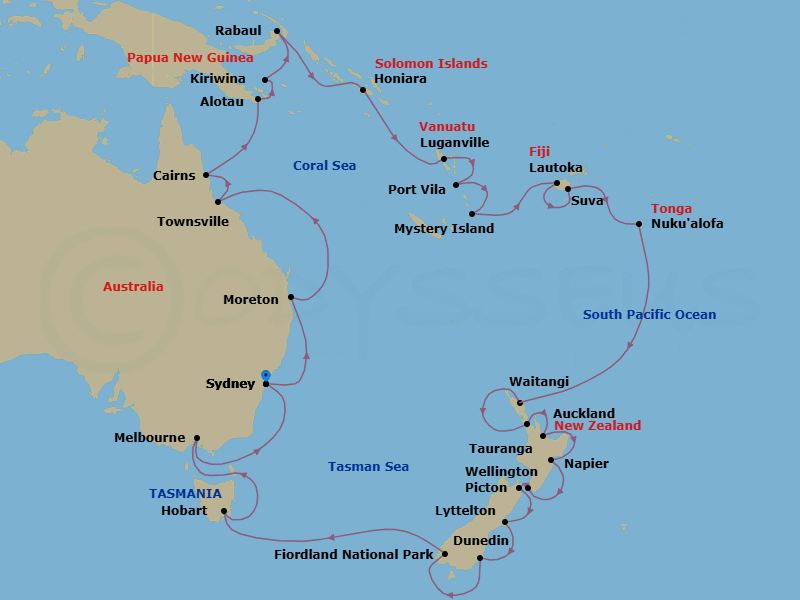 40 Night - Fiji, South Pacific and New Zealand - Westerdam - Starting in Sydney AU, Moreton Island, Queensland, Australia, Townsville, Australia, Cairns, Australia, Alotau, Papua New Guinea, Kiriwina Island, Papua New Guinea, Rabaul, Papua New Guinea, Honiara, Guadalcanal, Solomon Islands, Luganville, Vanuatu, Port Vila, Vanuatu, Mystery Island, Vanuatu, Lautoka, Fiji, Suva, Viti Levu, Fiji, Nuku Alofa, Tonga, Waitangi (Bay of Islands), New Zealand, Auckland, New Zealand, Tauranga (Rotorua), New Zealand, Napier, New Zealand, Wellington, New Zealand, Picton, New Zealand, Lyttelton (Christchurch), New Zealand, Port Chalmers (Dunedin), New Zealand, Cruising Fiordland Natl Park, Hobart, Tasmania, Australia, Melbourne, Australia, Sydney AU itinerary map