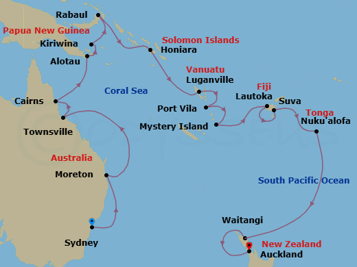 26 Night - Australia, Coral Sea & Fiji Legendary Voyage - Westerdam - Starting in Sydney AU, Moreton Island, Queensland, Australia, Townsville, Australia, Cairns, Australia, Alotau, Papua New Guinea, Kiriwina Island, Papua New Guinea, Rabaul, Papua New Guinea, Honiara, Guadalcanal, Solomon Islands, Luganville, Vanuatu, Port Vila, Vanuatu, Mystery Island, Vanuatu, Lautoka, Fiji, Suva, Viti Levu, Fiji, Nuku Alofa, Tonga, Waitangi (Bay of Islands), New Zealand, Auckland, New Zealand itinerary map