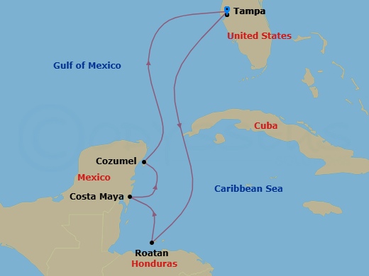 6 Night - Western Caribbean - Radiance of the Seas - Starting in Tampa, Florida, Roatan, Honduras, Puerto Costa Maya, Mexico, Cozumel, Mexico, Tampa, Florida itinerary map