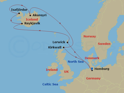 11 Night - Northern Europe - MSC Preziosa - Starting in Hamburg, Germany, Lerwick (Shetland Islands), United Kingdom, Reykjavik, Iceland, Isafjordur Island, Akureyri Island, Kirkwall (Orkney Islands), United Kingdom, Hamburg, Germany itinerary map