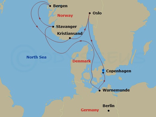 7 Night - Northern Europe - MSC Magnifica - Starting in Copenhagen, Denmark, Warnemunde (Berlin), Germany, Stavanger (Lysefijord), Norway, Bergen, Norway, Kristiansand, Norway, Oslo, Norway, Copenhagen, Denmark itinerary map