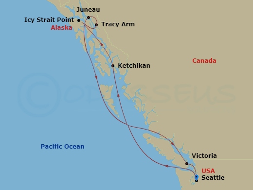 7 Night - Alaska - MSC Poesia - Starting in Seattle, Washington, Ketchikan, Alaska, Icy Strait Point, Alaska, Cruising Tracy Arm Fjord, Alaska, Juneau, Alaska, Victoria CA, Canada, Seattle, Washington itinerary map