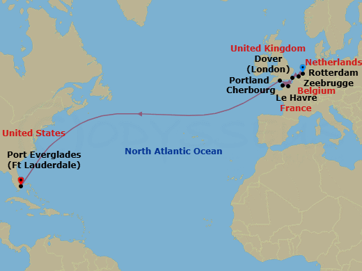 15 Night - Cultural Crossing with England & Normandy - Nieuw Statendam - Starting in Rotterdam, the Netherlands, Zeebrugge (Brussels), Belgium, Dover UK (London), England, Cherbourg (Normandy), France, Le Havre (Paris), France, Portland UK (Weymouth), England, United Kingdom, Fort Lauderdale, Florida itinerary map