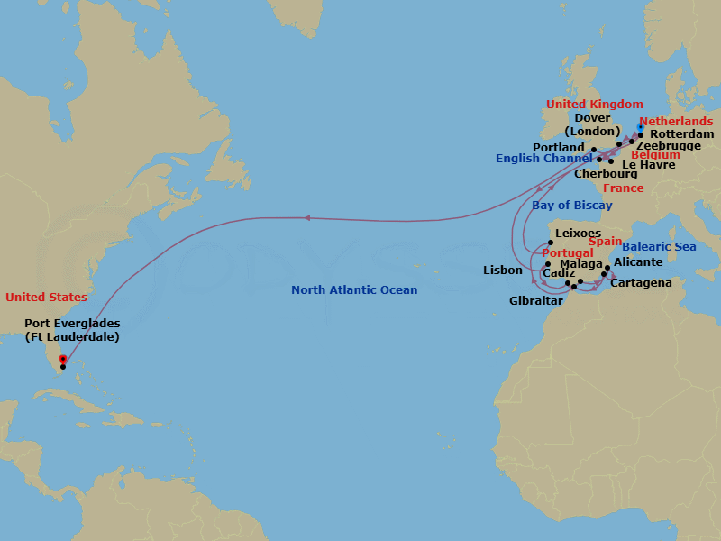 29 Night - Atlantic Treasures & Cultural Crossing - Nieuw Statendam - Starting in Rotterdam, the Netherlands, Lisbon, Portugal, Cadiz (Seville), Spain, Malaga, Spain, Alicante, Spain, Cartagena ES, Gibraltar, Leixoes (Porto), Portugal, Rotterdam, the Netherlands, Zeebrugge (Brussels), Belgium, Dover UK (London), England, Cherbourg (Normandy), France, Le Havre (Paris), France, Portland UK (Weymouth), England, United Kingdom, Fort Lauderdale, Florida itinerary map