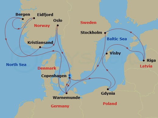 14 Night - Northern Europe - MSC Magnifica - Starting in Copenhagen, Denmark, Warnemunde (Berlin), Germany, Gdynia (Gdansk), Poland, Visby, Sweden, Riga, Latvia, Stockholm, Sweden, Copenhagen, Denmark, Warnemunde (Berlin), Germany, Eidfjord, Norway, Bergen, Norway, Kristiansand, Norway, Oslo, Norway, Copenhagen, Denmark itinerary map