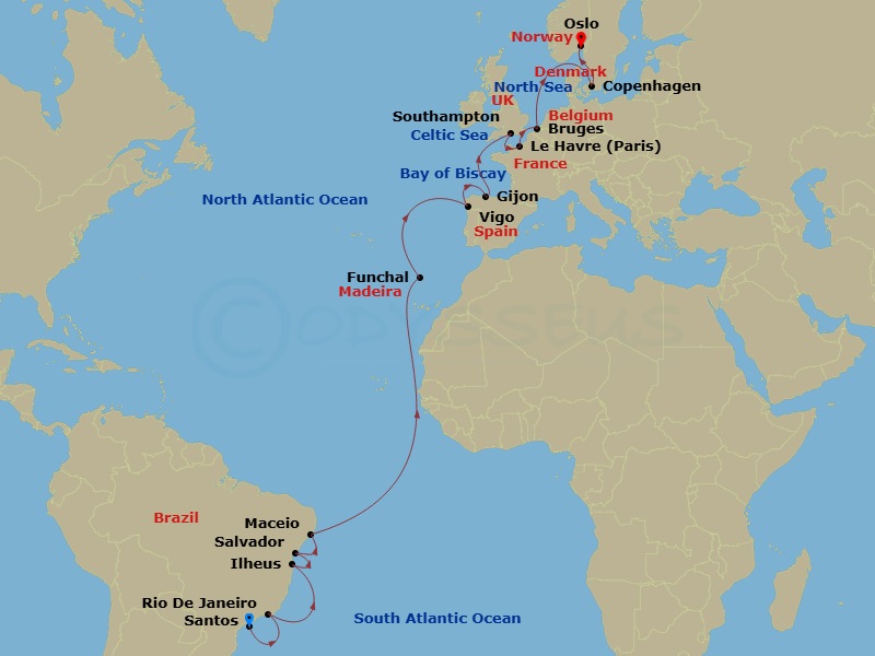22 Night - Msc Grand Voyages - MSC Preziosa - Starting in Santos (Sao Paulo), Brazil, Rio De Janeiro, Brazil, Ilheus, Brazil, Salvador, Brazil, Maceio, Brazil, Funchal (Madeira Islands), Portugal, Vigo (Santiago De Compostela), Spain, Gijon, Spain, Southampton (London), United Kingdom, Le Havre (Paris), France, Zeebrugge (Bruges), Belgium, Copenhagen, Denmark, Oslo, Norway itinerary map