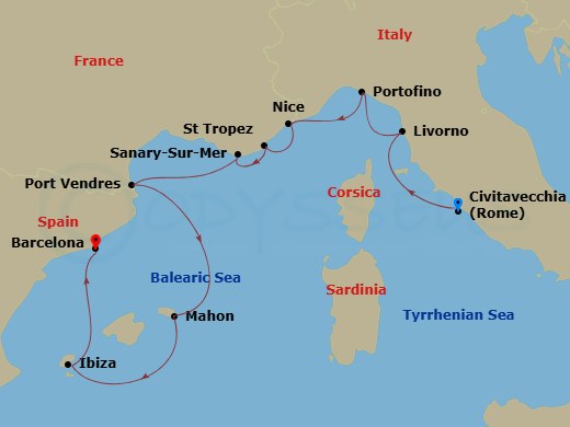 10 Night - Rome to Barcelona - World Traveller - Starting in Civitavecchia (Rome), Livorno (Florence / Pisa), Portofino, Nice, Saint Tropez, Sanary-Sur-Mer (Bandol), Port-Vendres, Mahon (Menorca), Ibiza, Barcelona itinerary map