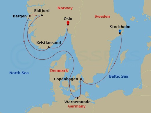 8 Night - Northern Europe - MSC Magnifica - Starting in Stockholm, Sweden, Copenhagen, Denmark, Warnemunde (Berlin), Germany, Bergen, Norway, Eidfjord, Norway, Kristiansand, Norway, Oslo, Norway itinerary map