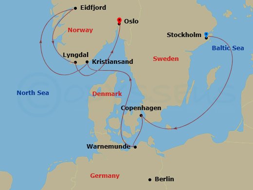 8 Night - Northern Europe - MSC Magnifica - Starting in Stockholm, Sweden, Copenhagen, Denmark, Warnemunde (Berlin), Germany, Kristiansand, Norway, Eidfjord, Norway, Lyngdal, Norway, Oslo, Norway itinerary map