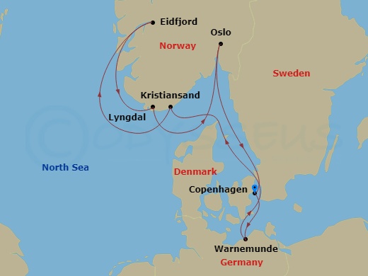 7 Night - Northern Europe - MSC Magnifica - Starting in Copenhagen, Denmark, Warnemunde (Berlin), Germany, Kristiansand, Norway, Eidfjord, Norway, Lyngdal, Norway, Oslo, Norway, Copenhagen, Denmark itinerary map