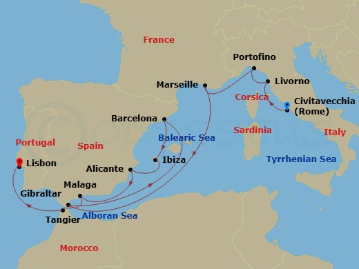 14 Night - Italy, French Riviera & Spain Collectors' Voyage - Oosterdam - Starting in Civitavecchia (Rome), Italy, Livorno (Florence / Pisa), Italy, Portofino, Italy, Marseille (Provence), France, Gibraltar, Barcelona, Spain, Ibiza, Spain, Alicante, Spain, Malaga, Spain, Tangier, Morocco, Lisbon, Portugal itinerary map