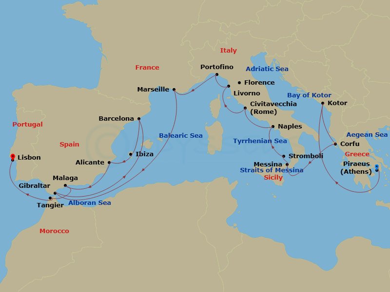 21 Night - Ultimate Mediterranean Splendor Collectors' Voyage - Oosterdam - Starting in Piraeus (Athens), Greece, Kotor, Montenegro, Scenic cruising Bay of Kotor, Kerkira, (Corfu), Greece, Messina, Italy, Cruising Strait of Messina, Evening cruising Stromboli Volcano, Naples (Pompeii / Amalfi), Italy, Civitavecchia (Rome), Italy, Livorno (Florence / Pisa), Italy, Portofino, Italy, Marseille (Provence), France, Gibraltar, Barcelona, Spain, Ibiza, Spain, Alicante, Spain, Malaga, Spain, Tangier, Morocco, Lisbon, Portugal itinerary map