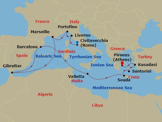 14 Night - Italy, Malta & Greek Isles Collectors' Voyage - Oosterdam - Starting in Civitavecchia (Rome), Italy, Livorno (Florence / Pisa), Italy, Portofino, Italy, Marseille (Provence), France, Gibraltar, Barcelona, Spain, Valletta, Malta, Souda (Chania), Greece, Thira (Santorini), Greece, Kusadasi (Ephesus), Turkey, Piraeus (Athens), Greece itinerary map