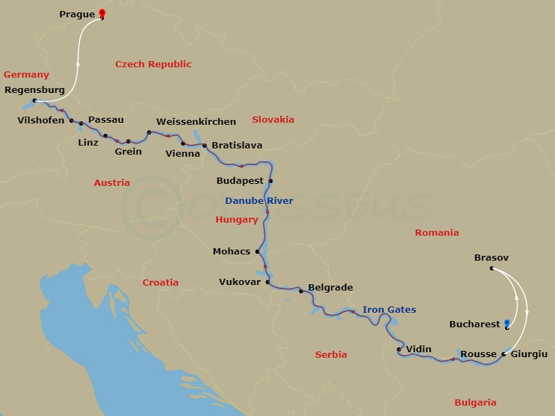 21 Night - Grand Danube Cruise with Bucharest, Brasov Pre-Cruise and Prague Post-Cruise - AmaVerde Tours - Starting in Bucharest, Brasov, Gordon, Giurgiu, Rousse, Vidin, Iron Gates, Belgrade, Vukovar, Mohacs, Budapest, Bratislava, Vienna, Weissenkirchen, Scenic Cruising, Grein, Linz, Passau, Vilshofen, Regensburg, Prague itinerary map
