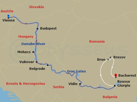 13 Night - Gems of Southeast Europe (Wine Cruise) with Vienna Pre-Cruise and Brasov, Bucharest Post-Cruise - AmaBella Tours - Starting in Vienna, Budapest, Mohacs, Vukovar, Belgrade, Iron Gates, Vidin, Rousse, Giurgiu, Gordon, Bran, Brasov, Bucharest itinerary map