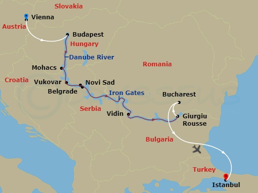12 Night - Gems of Southeast Europe with Vienna Pre-Cruise and Istanbul - AmaMagna Tours - Starting in Vienna, Budapest, Mohacs, Vukovar, Novi Sad, Belgrade, Iron Gates, Vidin, Rousse, Gordon, Bucharest, Istanbul itinerary map