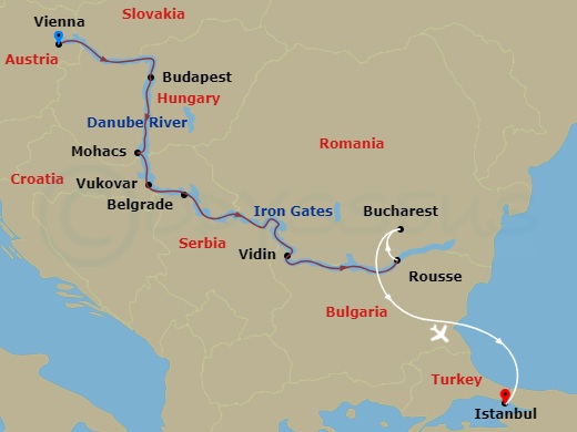 12 Night - Gems of Southeast Europe (Wine Cruise) with Vienna Pre-Cruise and Istanbul Post-Cruise - AmaVerde Tours - Starting in Vienna, Budapest, Mohacs, Vukovar, Belgrade, Iron Gates, Vidin, Rousse, Gordon, Bucharest, Istanbul itinerary map