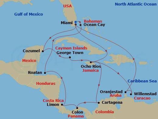 21 Night - Caribbean and Antilles - MSC Divina - Starting in Miami, Florida, Ocho Rios, Jamaica, Cartagena CO, Colombia, Colon, Panama, Puerto Limon, Costa Rica, Isla De Roatan, Honduras, Ocean Cay Msc Marine Reserve, Bahamas, Miami, Florida, Cozumel, Mexico, George Town, Cayman Islands, Ocho Rios, Jamaica, Willemstad AN, Curacao, Oranjestad, Aruba, Miami, Florida itinerary map