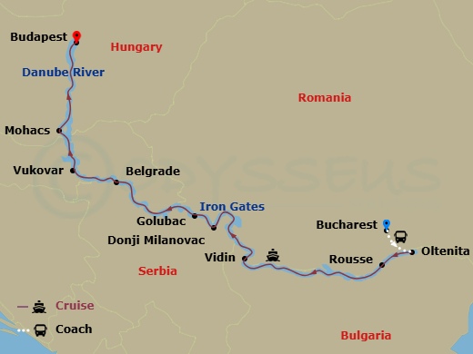 8 Night - Danube - Bucharest to Budapest - Celebrity Compass Tours - Starting in Bucharest, Romania, Bucharest (Oltenita), Romania, Ruse, Bulgaria, Vidin, Bulgaria, Iron Gate Scenic, Donji Milanovac, Serbia, Golubac, Serbia, Belgrade, Serbia, Vukovar, Croatia, Mohacs, Hungary, Budapest, Hungary itinerary map