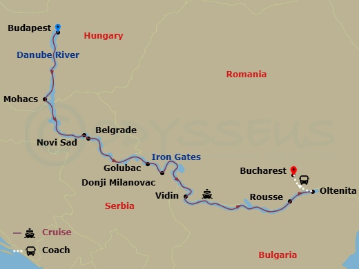 8 Night - Danube - Budapest to Bucharest - Celebrity Compass Tours - Starting in Budapest, Hungary, Mohacs, Hungary, Novi Sad, Serbia, Belgrade, Serbia, Golubac, Serbia, Donji Milanovac, Serbia, Iron Gate Scenic, Vidin, Bulgaria, Ruse, Bulgaria, Bucharest (Oltenita), Romania, Bucharest, Romania itinerary map
