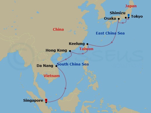 12 Night - Southeast Asia & Japan - Royal Princess - Starting in Tokyo, Japan, Shimizu (for Mount Fuji), Japan, Osaka (for Kyoto), Japan, Taipei (Keelung), Hong Kong, Da Nang / Hue (Chan May), Vietnam, Singapore itinerary map