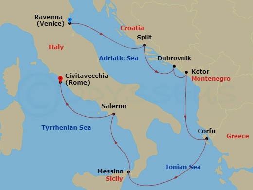10 Night - Pre Venice Cruisetour - Norwegian Sun Tours - Starting in At Hotel, Venice (Ravenna), Italy, Split, Croatia, Dubrovnik, Croatia, Kotor, Montenegro, Corfu, Greece, Messina, Italy, Amalfi Coast (Salerno), Italy, Civitavecchia Rome, Italy itinerary map