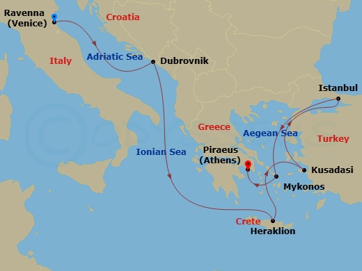 10 Night - Pre Venice Cruisetour - Norwegian Gem Tours - Starting in At Hotel, Venice (Ravenna), Italy, Dubrovnik, Croatia, Heraklion / Crete, Greece, Kusadasi, Turkey, Istanbul, Turkey, Mykonos, Greece, Piraeus / Athens, Greece itinerary map