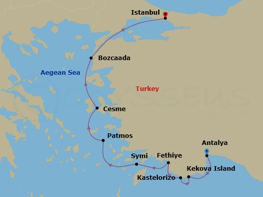 10 Night - Antalya to Istanbul - Star Flyer - Starting in Antalya, Turkey, Kekova, Turkey, Kastellorizo, Greece, Fethiye, Turkey, Dalyan River, Turkey, Symi, Greece, Patmos, Greece, Cesme, Turkey, Bozcaada, Turkey, Istanbul, Turkey itinerary map