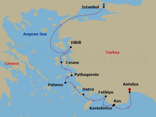11 Night - Istanbul to Antalya - Star Flyer - Starting in Istanbul, Turkey, Dikili, Turkey, Cesme, Turkey, Pythagoreio / Samos, Greece, Patmos, Greece, Datca, Turkey, Dalyan River, Turkey, Fethiye, Turkey, Kas, Turkey, Kastellorizo, Greece, Antalya, Turkey itinerary map