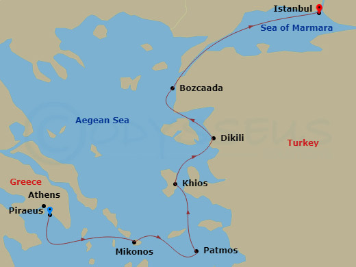 7 Night - Delightful Dervishes - Star Flyer - Starting in Piraeus (Port of Athens), Greece, Mykonos, Greece, Patmos, Greece, Chios, Greece, Dikili, Turkey, Bozcaada, Turkey, Istanbul, Turkey itinerary map
