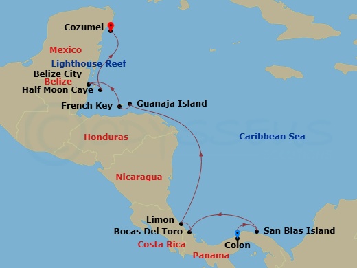 13 Night - Central America from Colon to Cozumel - Sea Cloud Spirit - Starting in Colon, San Blas Islands, Bocas del Toro, Puerto Limon, Isla Guanaja, French Key, Belize City, Lighthouse Reef / Half Moon Caye, Cozumel, Mexico itinerary map