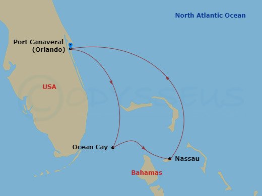 4 Night - Caribbean and Antilles - MSC Grandiosa - Starting in Port Canaveral (Orlando), Florida, Ocean Cay Msc Marine Reserve, Bahamas, Nassau, Bahamas, Port Canaveral (Orlando), Florida itinerary map