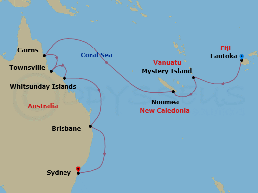 14 Night - Discovery Down Under - Oceania Vista - Starting in Lautoka, Mystery Island, Noumea, Cairns, Townsville, Whitsunday Island (Airlie Beach), Brisbane, Sydney AU itinerary map