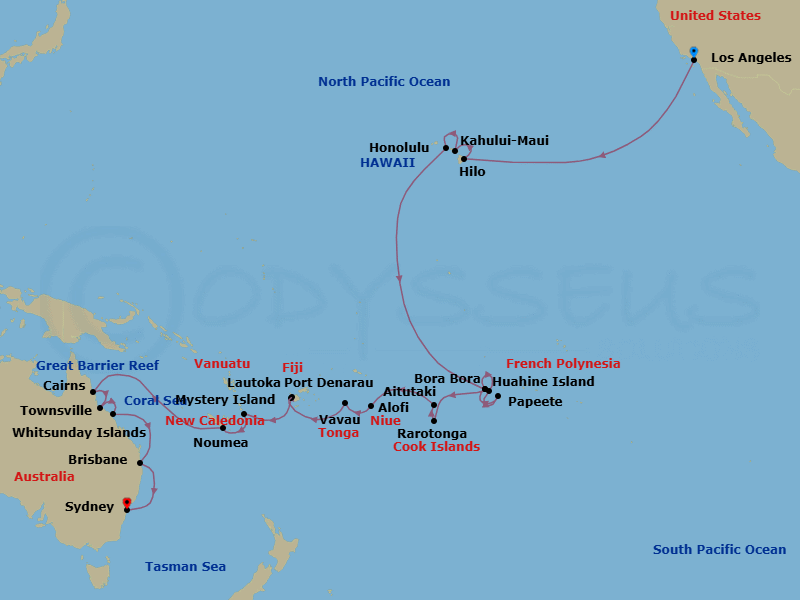 42 Night - America to Oz - Oceania Vista - Starting in Los Angeles, Hilo, Kahului, Honolulu, Bora Bora, Huahine, Papeete (Tahiti), Bora Bora, Rarotonga, Aitutaki, Alofi, Vavau (Neiafu), Port Denarau, Lautoka, Mystery Island, Noumea, Cairns, Townsville, Whitsunday Island (Airlie Beach), Brisbane, Sydney AU itinerary map