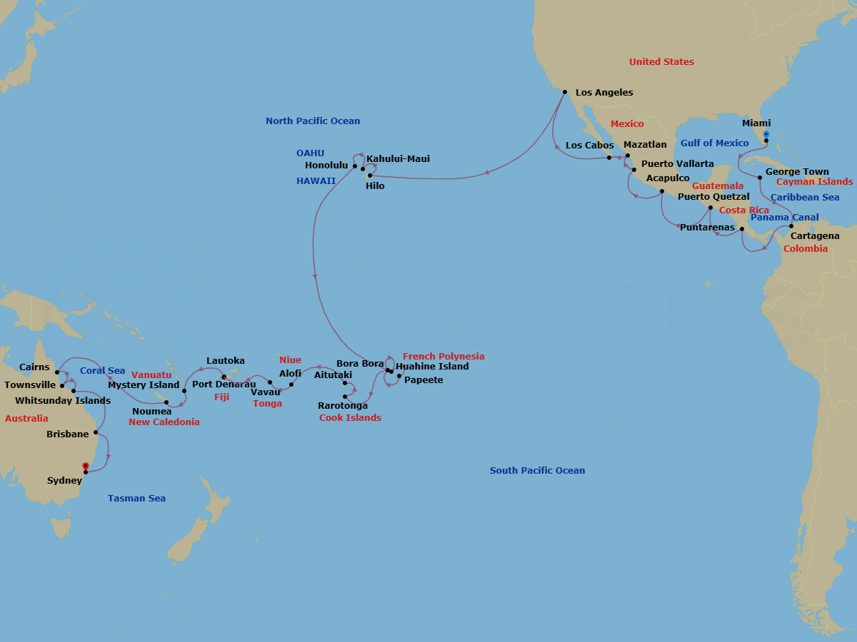 60 Night - Bound for Down Under - Oceania Vista - Starting in Miami, George Town, Cartagena CO, Panama Canal Daylight Transit, Puntarenas, Puerto Quetzal, Acapulco, Puerto Vallarta, Mazatlan, Cabo San Lucas, Los Angeles, Hilo, Kahului, Honolulu, Bora Bora, Huahine, Papeete (Tahiti), Bora Bora, Rarotonga, Aitutaki, Alofi, Vavau (Neiafu), Port Denarau, Lautoka, Mystery Island, Noumea, Cairns, Townsville, Whitsunday Island (Airlie Beach), Brisbane, Sydney AU itinerary map