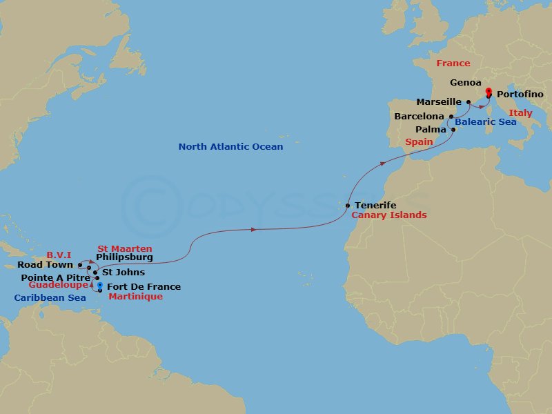 17 Night - Msc Grand Voyages - MSC Seaview - Starting in Fort-de-France, Martinique, Pointe-A-Pitre, Guadeloupe, Philipsburg, St Maarten, Road Town (Tortola), British Virgin Islands, St Johns AG, Antigua, Santa Cruz de Tenerife, Palma De Mallorca (Baleari Is), Spain, Barcelona, Spain, Marseille (Provence), France, Genoa (Portofino), Italy itinerary map