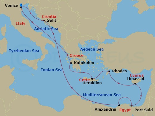 11 Night - Mediterranean - MSC Lirica - Starting in Venice / Marghera, Italy, Katakolon (Olympia), Greece, Heraklion (Crete), Greece, Rhodes (Lindos), Greece, Limassol, Cyprus, Port Said, Egypt, Alexandria EG, Egypt, Split, Croatia, Venice / Marghera, Italy itinerary map