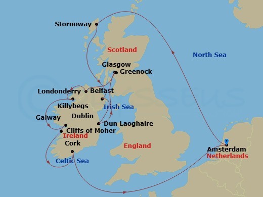 11 Night - Wild British Isles : Ireland & Cliffs of Moher - Zuiderdam - Starting in Amsterdam, the Netherlands, Stornoway, Isle of Lewis, Scotland, United Kingdom, Belfast, Northern Ireland, United Kingdom, Dun Laoghaire (Dublin), Ireland, Greenock (Glasgow), Scotland, United Kingdom, Greencastle (Londonderry), Ireland, Killybegs, Donegal, Ireland, Galway, Ireland, Scenic cruising Cliffs of Moher, Cobh (Cork), Ireland, Amsterdam, the Netherlands itinerary map
