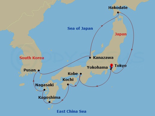 11 Night - Far East from Yokohama (Tokyo) - Costa Serena - Starting in Yokohama (Tokyo), Kobe (Kyoto), Kochi, Japan, Kagoshima, Nagasaki, Pusan, Kanazawa, Japan, Hakodate, Japan, Tokyo itinerary map